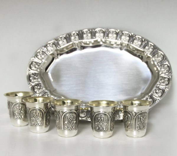 Hadad Gates Sterling Silver Liquor Cup Set - 6 Cups and Tray
