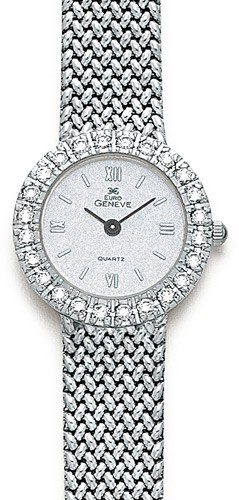 14k White Gold Women's Euro Geneve Round Watch With Diamonds