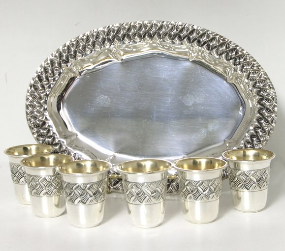 Hadad  Chavalim Sterling Silver Liquor Cup Set - 6 Cups and Tray