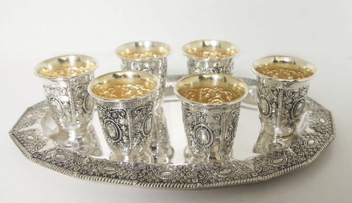 Hadad Roshet Sterling Silver Liquor Cup Set - 6 Cups and Tray
