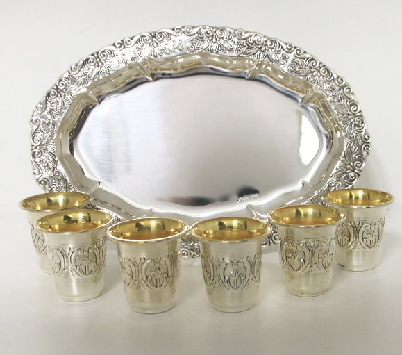 Hazorfim Garda Sterling Silver Liquor Cup Set - 6 Cups and Tray