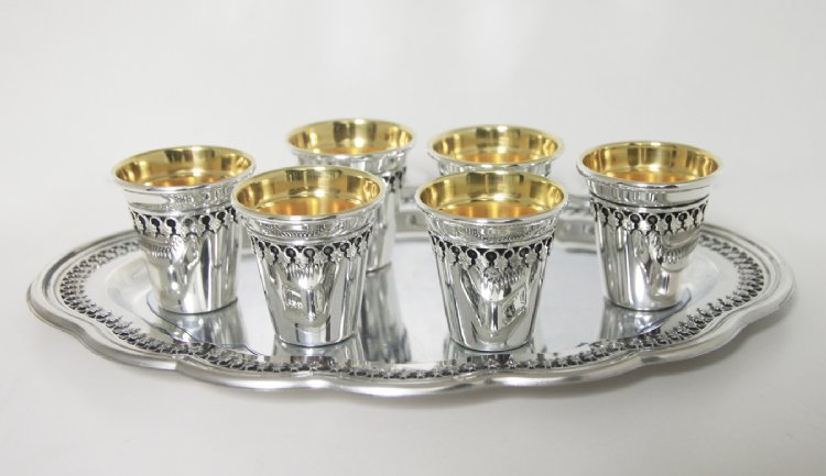 Hazorfim Sterling Silver Filigree Liquor Cup Set - 6 Cups and Tray